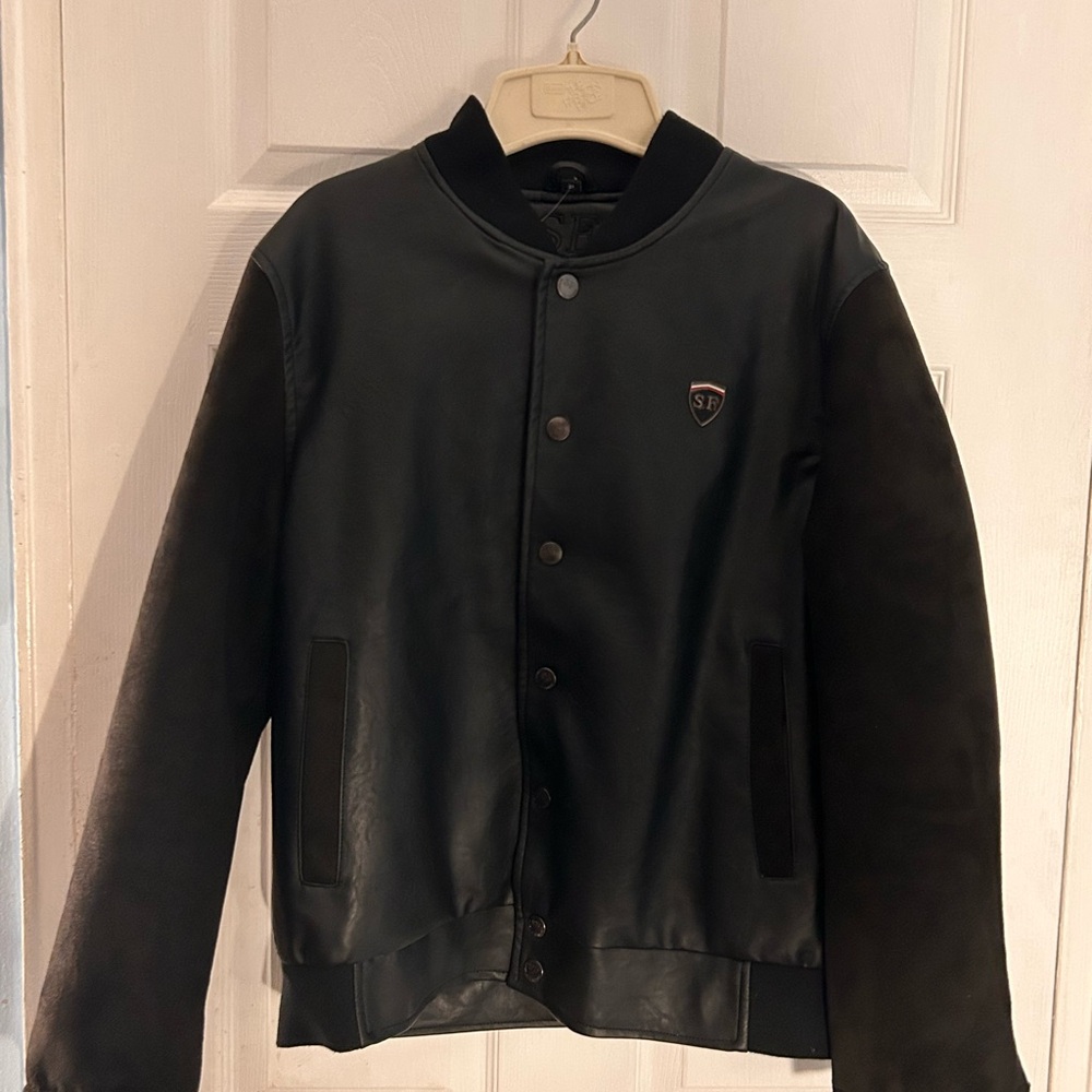 Men's Black Bomber Jacket, Faux Leather Front, Italian Flag Lining, size small
